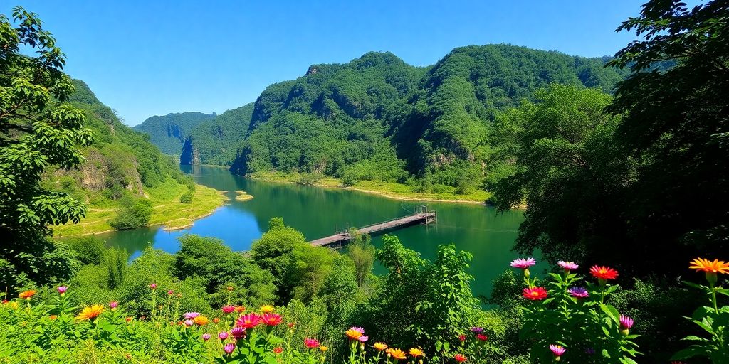 Pemandangan indah Sungai Indah dikelilingi alam yang hijau.