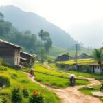 Pemandangan desa yang indah dengan rumah tradisional.