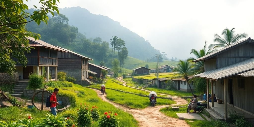 Pemandangan desa yang indah dengan rumah tradisional.