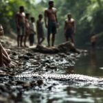 Warga desa berdiri berani di tepi sungai.