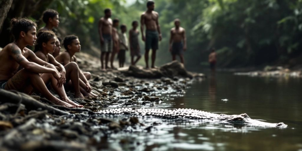 Warga desa berdiri berani di tepi sungai.