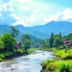 Pemandangan desa dengan sungai dan rumah tradisional.