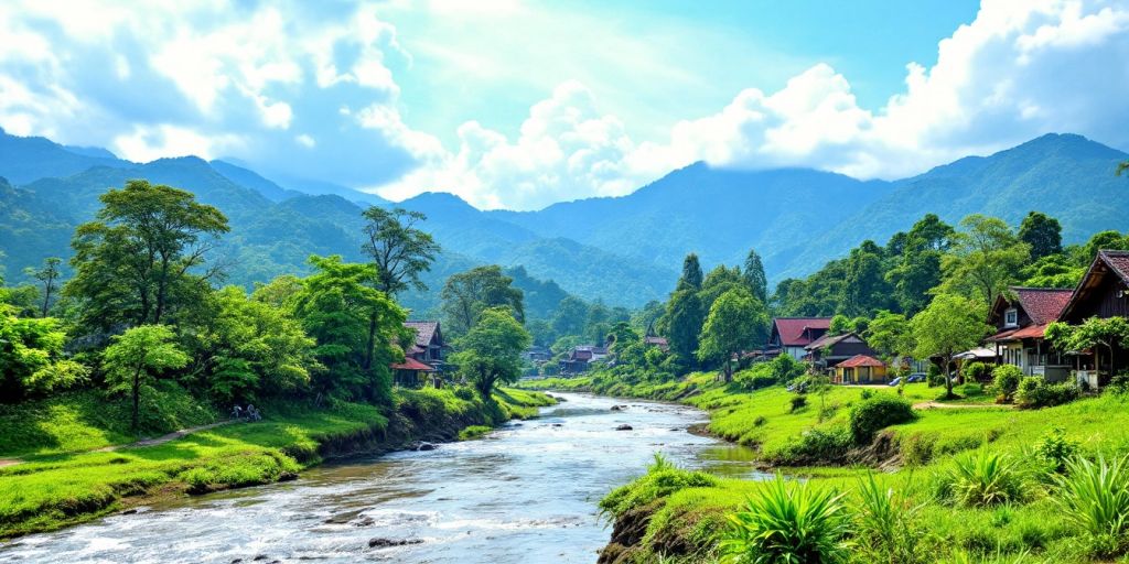 Pemandangan desa dengan sungai dan rumah tradisional.