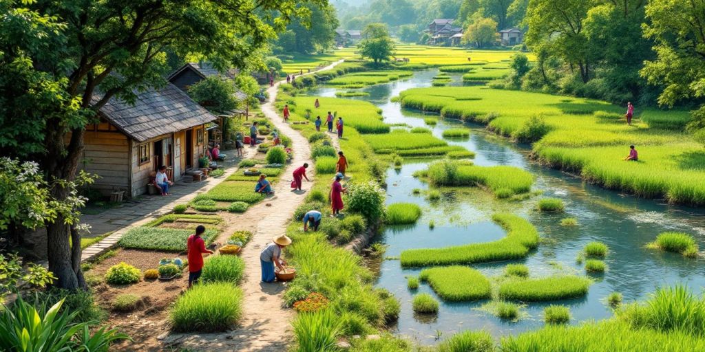 Gambar desa dengan pertanian berkelanjutan di tepi sungai.