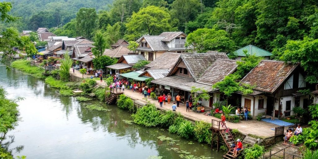 Pemandangan desa dengan rumah tradisional dan aktivitas budaya.