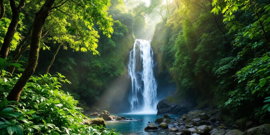 Air terjun tersembunyi di tengah hutan tropis.