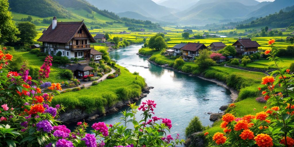 Pemandangan desa dengan sungai dan rumah tradisional.