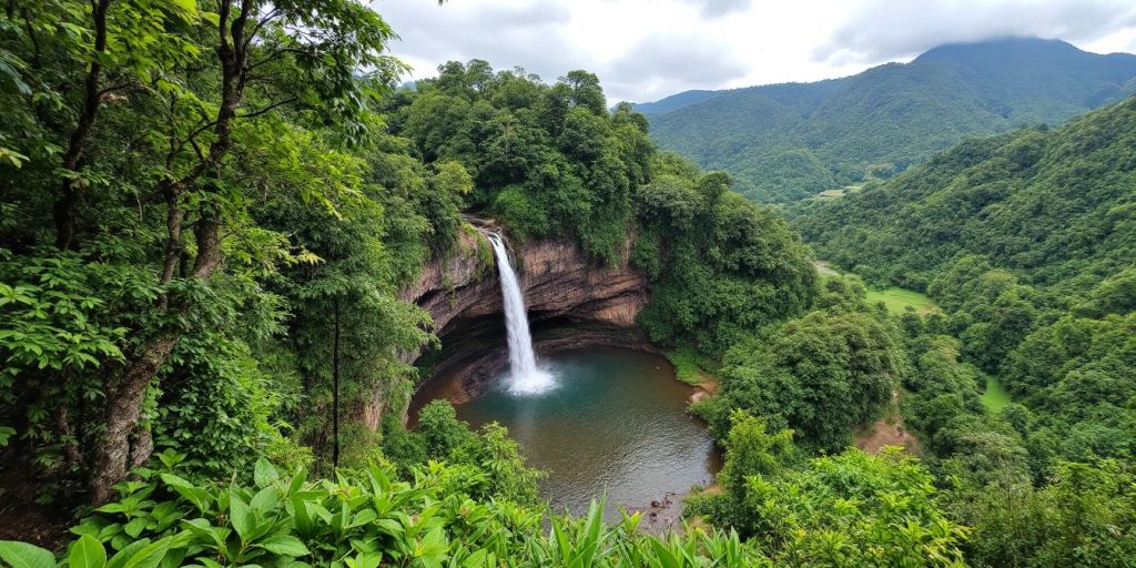 Pemandangan alam hijau dan air terjun tersembunyi.