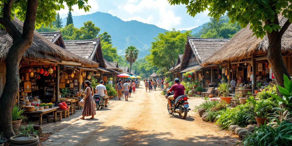 Pemandangan desa yang ramai dengan pengrajin dan wisatawan.